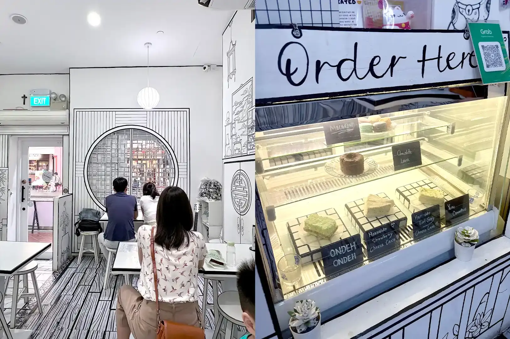A split view of diners seated inside Cafe Monochrome on the left, and a glass display case filled with cakes and an 'Order Here' sign on the right.