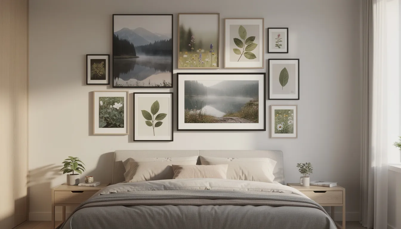 De afbeelding toont een sfeervolle slaapkamer met een gallery wall, bestaande uit verschillende fotolijsten in diverse formaten. De wanddecoratie omvat landschapsfotografie en botanische prints, wat een stijlvolle look en een warme uitstraling aan de kamer geeft.