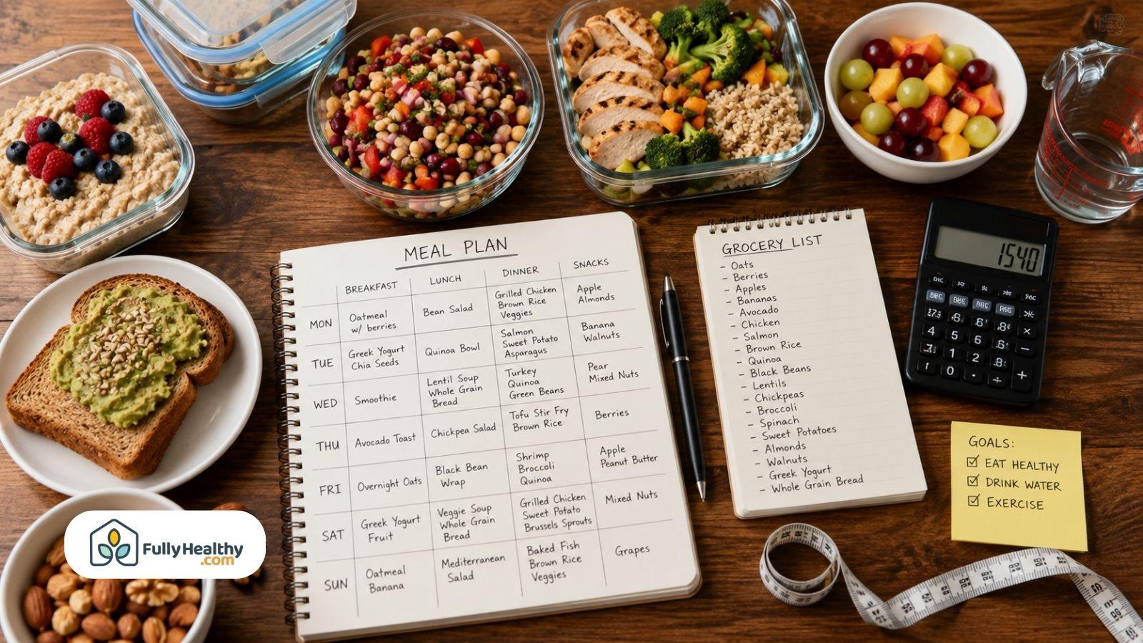 Weekly meal plan with fiber-rich foods supporting healthy digestion and balanced nutrition