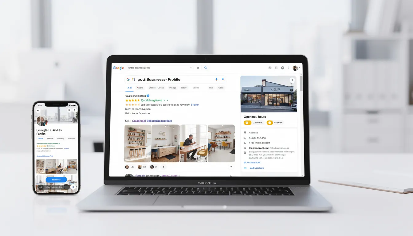 The image displays an optimized Google Business Profile featuring a selection of photos, customer reviews, and essential business information such as the business name, address, and hours. This profile is designed to enhance visibility in local search results and improve engagement with potential customers on Google Maps and other search engines.