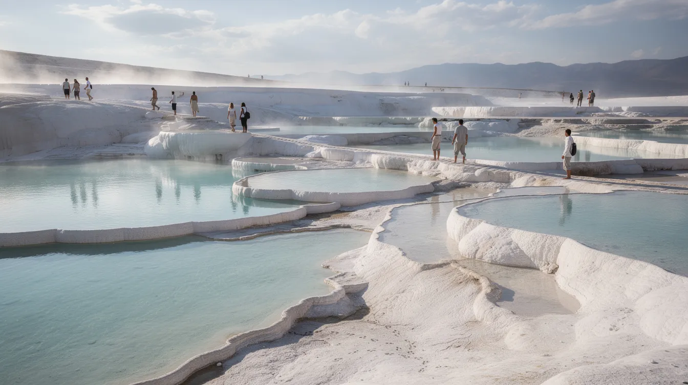 Travelers are seen walking barefoot across the stunning white mineral terraces of Pamukkale, where turquoise thermal water pools reflect the clear sky above. This natural wonder, often referred to as the "cotton castle," offers a breathtaking view and is a popular destination for those visiting Turkey, particularly near the ancient city of Ephesus.