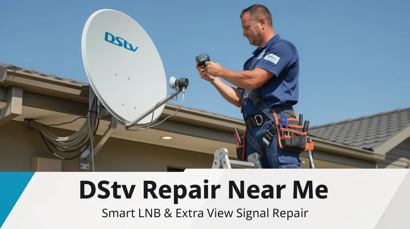 A DStv technician is seen replacing a Smart LNB on a satellite dish to repair the Extra View signal, ensuring optimal performance for multiple TVs. This professional service aims to enhance signal quality and provide seamless access to various DStv channels.