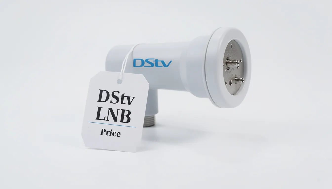 The image displays a DStv Smart LNB alongside relevant information about pricing, delivery services, and installation costs for both business and residential addresses. It highlights aspects such as handling and shipping charges, payment confirmation, and the importance of providing a specified delivery address for successful online order delivery.