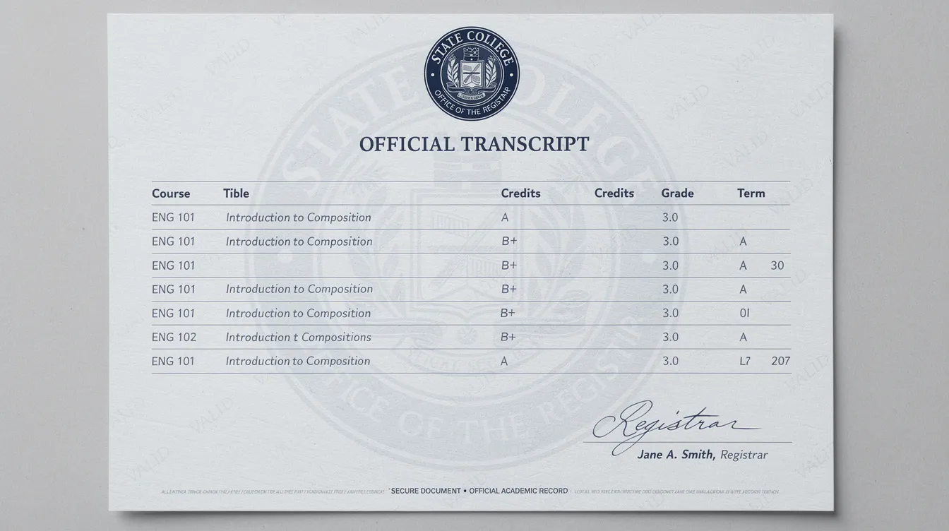 The image depicts an official transcript featuring the college seal, registrar's signature, and security watermarks, which signify its official status. This document serves as a detailed record of a student's academic history and achievements, distinguishing it from unofficial transcripts often used for personal reference.