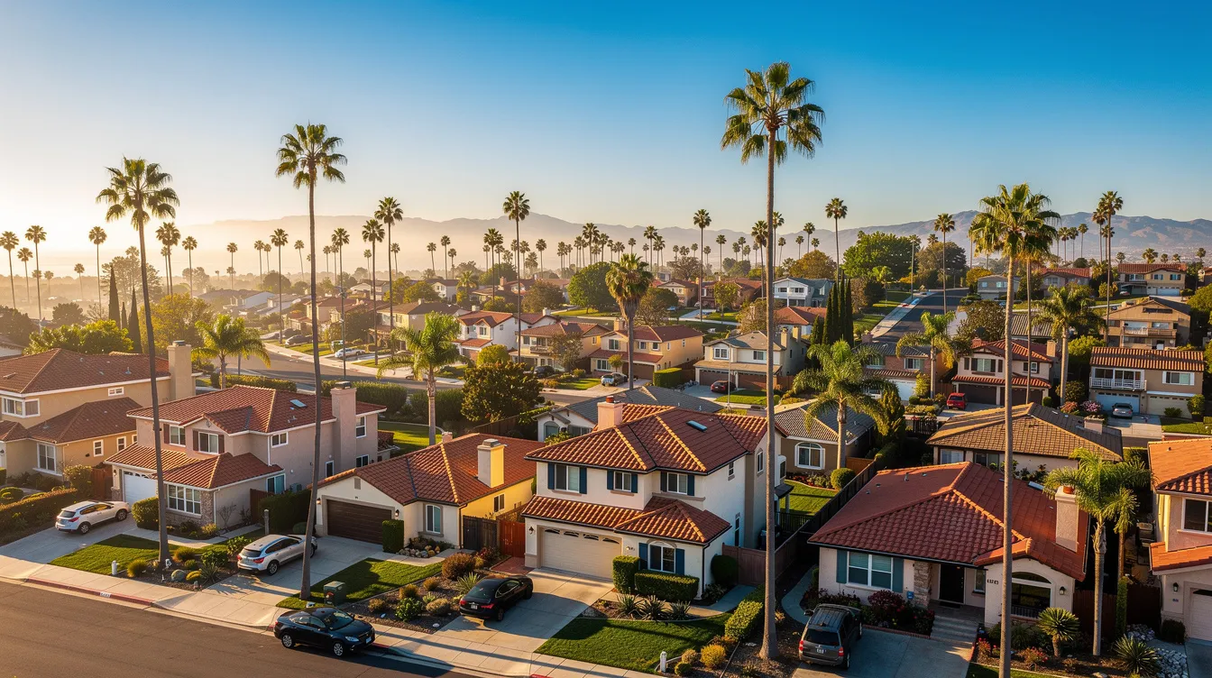 An aerial view captures a sunny Southern California residential neighborhood filled with palm trees and tile rooftops, showcasing the charm of the area. This picturesque scene is typical of regions like Los Angeles and San Diego, where real estate investors often seek hard money loans for their projects.
