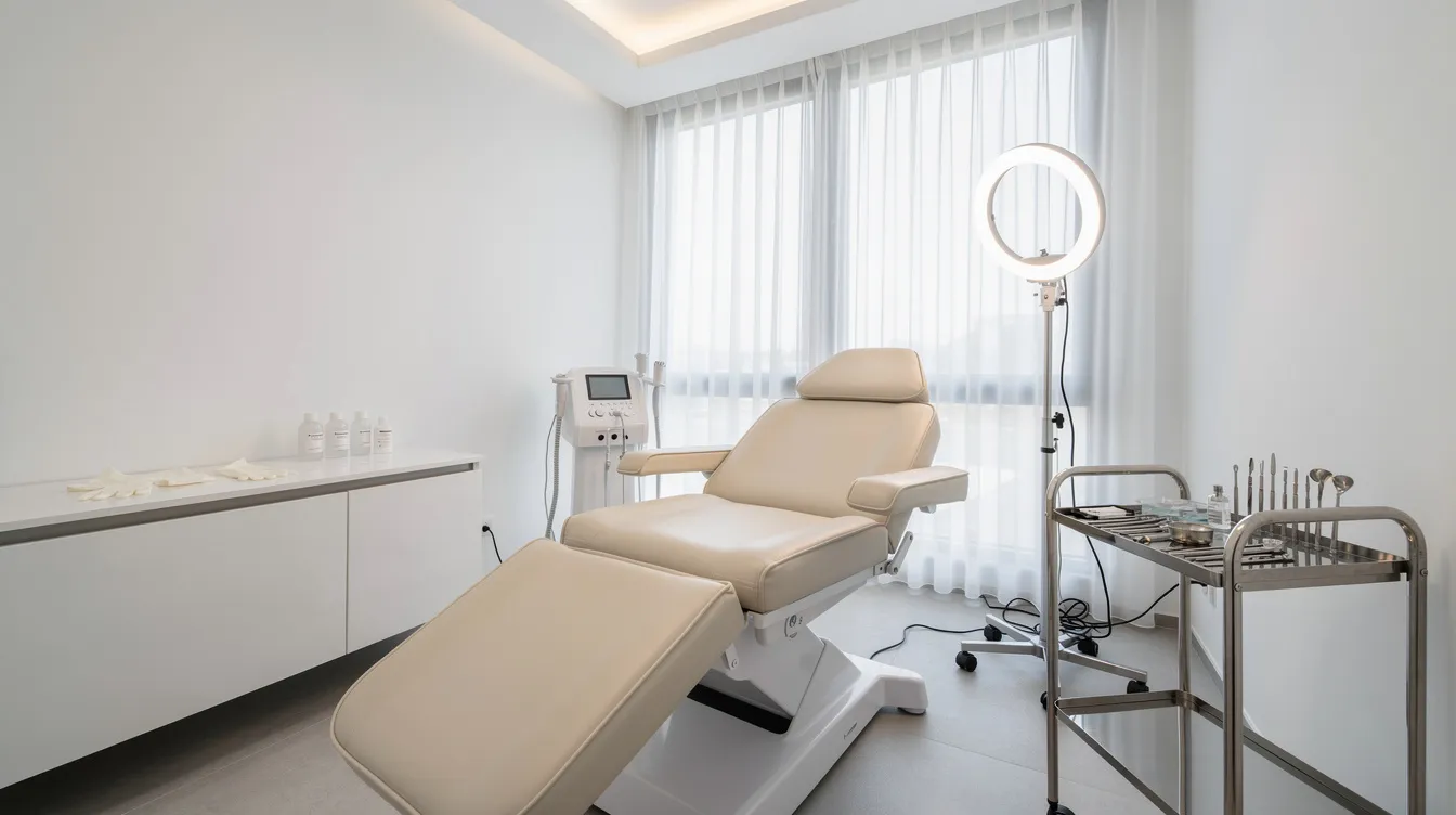 The image depicts a modern treatment room set up for a minimally invasive aesthetic procedure, featuring sterile equipment and a comfortable examination table, ideal for non-surgical buttock augmentation or fat transfer. This space is designed for procedures like the Brazilian butt lift, emphasizing safety and patient comfort.
