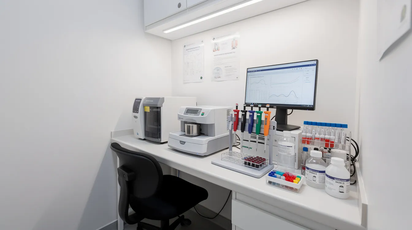 413d24b9 80a1 41d4 af39 dabaf76a5ebc The image depicts a compact pathology lab setup in a small clinical space, featuring essential medical equipment such as a PCR machine and a tissue processor, ideal for performing diagnostic tests on biological samples. This efficient design caters to the needs of medical professionals, ensuring a streamlined process for microscopic examination and genetic research within a budget-friendly infrastructure.