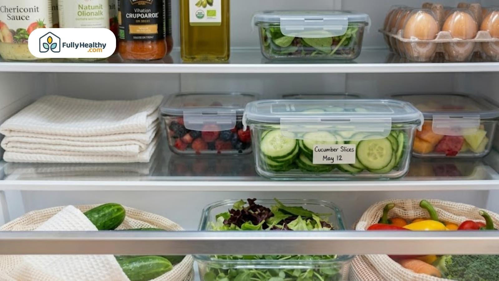 Labeled containers of sliced cucumbers and fresh produce in fridge