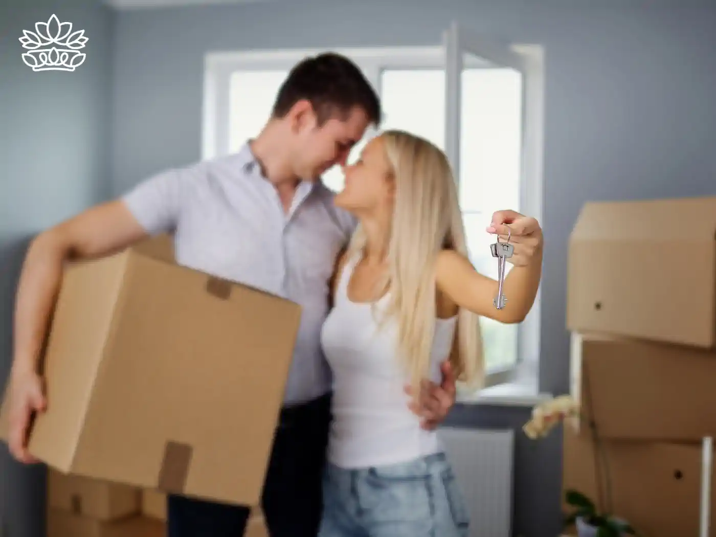Loving couple embracing in their new home, holding a key and a moving box, celebrating a fresh start. Fabulous Flowers and Gifts - Housewarming. Delivered with Heart.