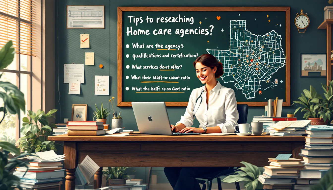 A caregiver researching home care agencies in Houston to find the best options for families.