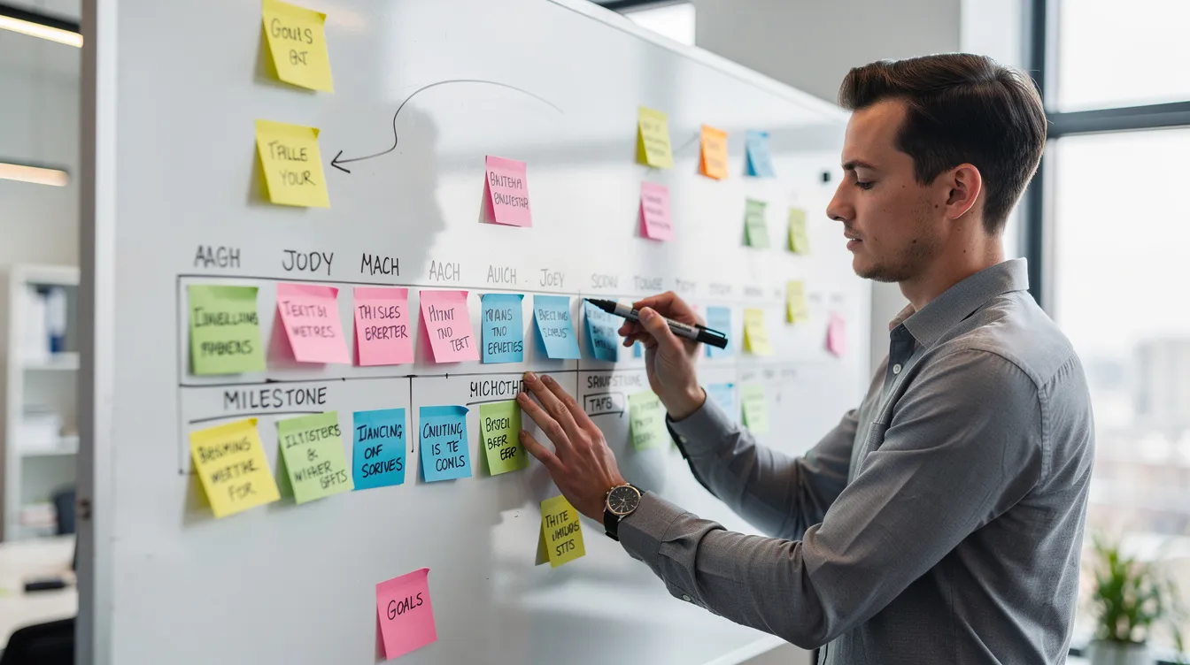 Une personne écrit des objectifs professionnels sur un tableau blanc, utilisant des notes autocollantes disposées en format chronologique. Cette image illustre la planification et la définition d'objectifs, essentiels pour atteindre ses objectifs de carrière.