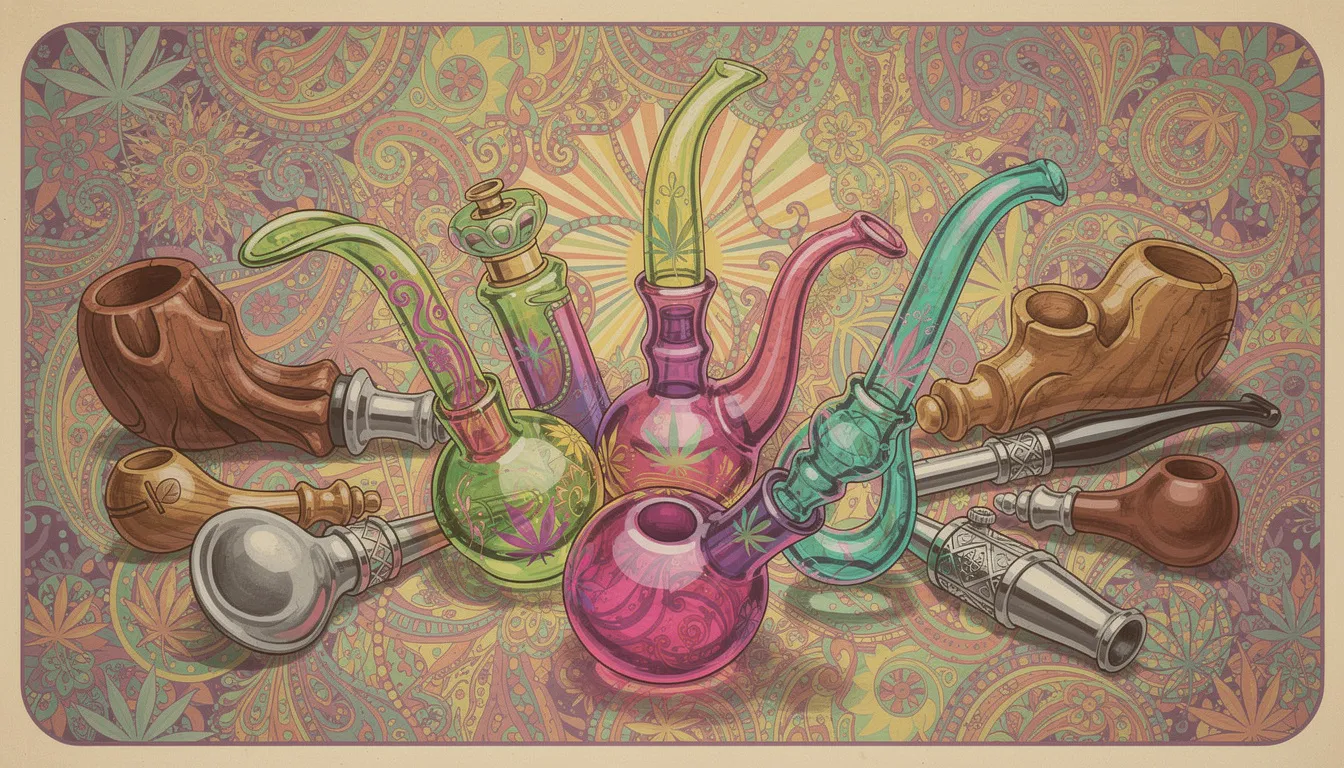 Verschiedene Arten von Cannabis-Pfeifen aus Glas, Holz und Metall.