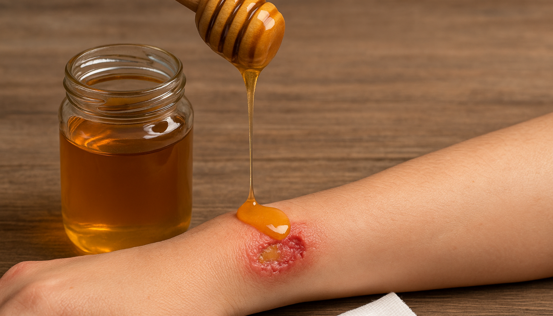 Medisinsk honning – Naturlig hjelp mot sår og infeksjoner 16 Medisinsk honning dryppes på et sår for naturlig heling og beskyttelse mot infeksjoner, nærbilde av behandling."