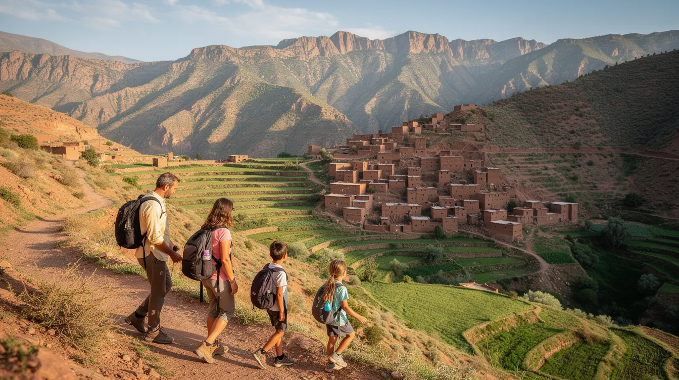 A family is hiking along a scenic mountain trail in the High Atlas Mountains, with lush green valleys and traditional Berber villages visible in the background. This adventure is part of their Morocco family vacation, allowing them to explore the rich culture and stunning landscapes of North Africa.