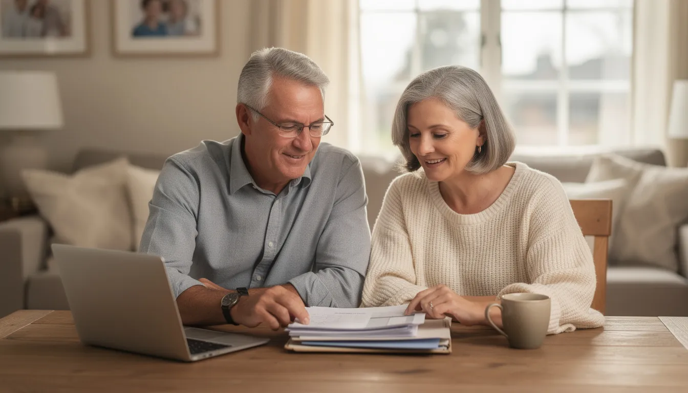 The image depicts a confident retired couple sitting together at home, reviewing important documents related to their retirement accounts. They appear engaged and focused, as they discuss aspects of their retirement savings, including required minimum distributions (RMD) and the implications for their financial future.