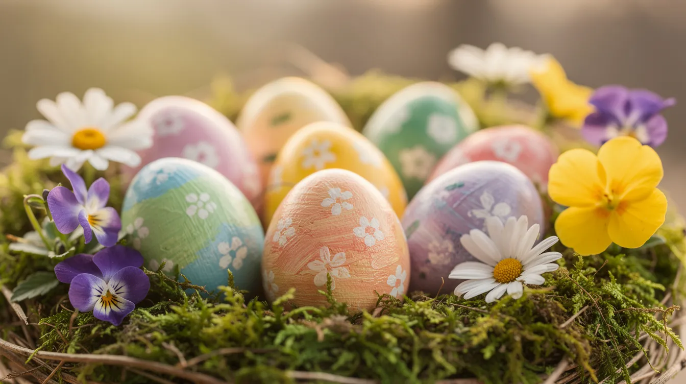 Bunte handbemalte Ostereier liegen in einem Nest aus Moos, umgeben von Frühlingsblumen, und symbolisieren die Hoffnung und die Auferstehung Jesu während des Osterfestes. Diese Dekoration ist Teil der Traditionen, die das Osterfest und die Bedeutung des Lebens über den Tod im Christentum feiern.