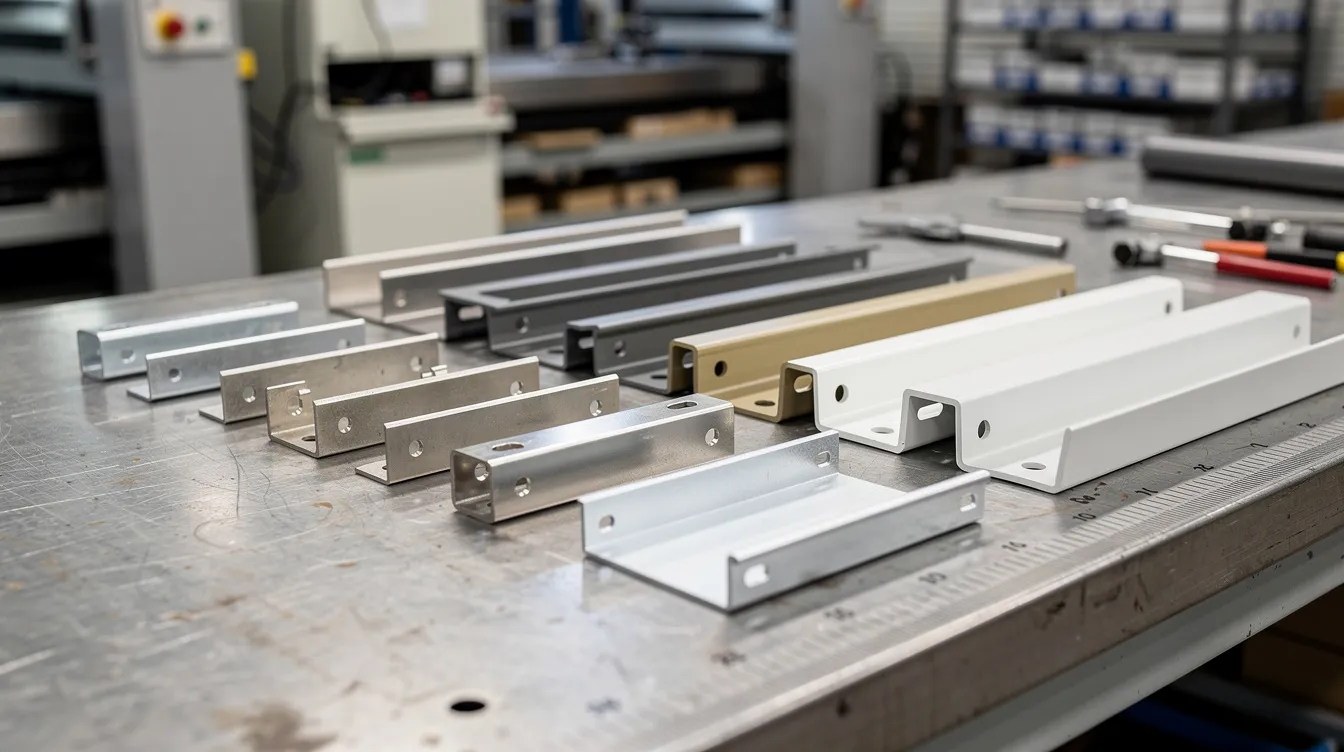 The image shows an array of fabricated sheet metal enclosures and brackets in various finishes, arranged neatly on a factory inspection table, highlighting the diversity of sheet metal components used in manufacturing processes. The display emphasizes the quality and precision of sheet metal fabrication techniques, showcasing items that may include corrosion-resistant finishes and custom designs.