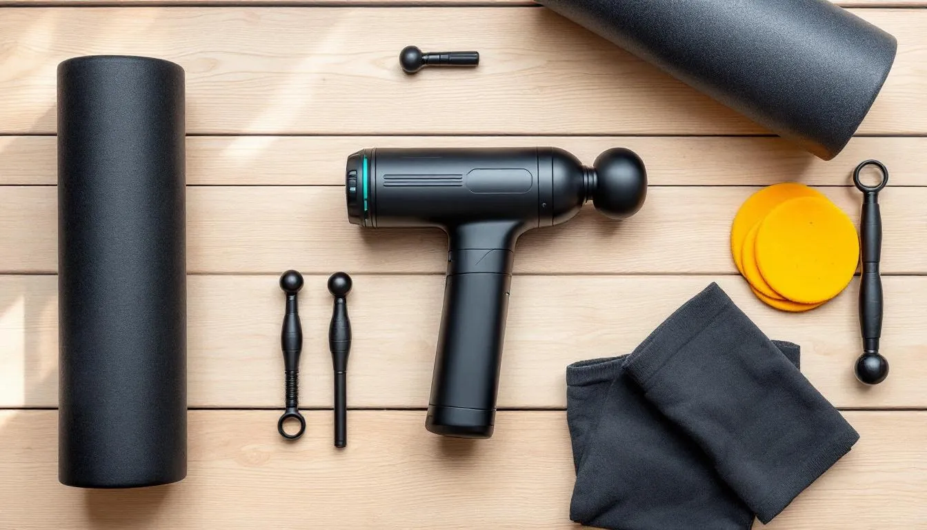 In the image, various effective recovery tools are displayed, including a foam roller, a massage gun, and compression sleeves, all designed to support muscle recovery and alleviate muscle soreness. These tools are essential for enhancing recovery after playing pickleball, promoting improved blood flow and reducing muscle tension.