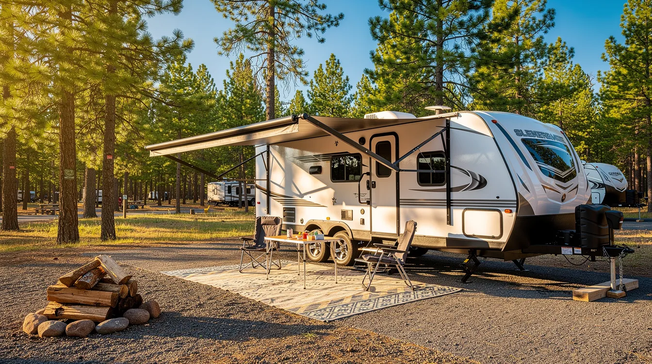 A travel trailer is parked at a sunny campground with its awning extended, providing shade and comfort for RV owners. The scene captures a peaceful outdoor setting, perfect for enjoying the cool air from the RV's air conditioning system during warm weather.