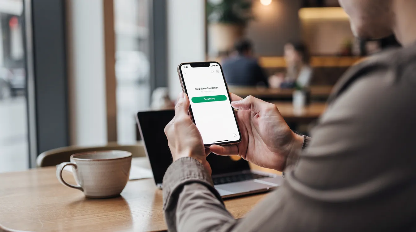 A person is seated at a café, using a smartphone to send a money transfer, illustrating the convenience of cross border payment solutions for international transactions. The scene captures the ease of managing payments in multiple currencies while enjoying a casual atmosphere.