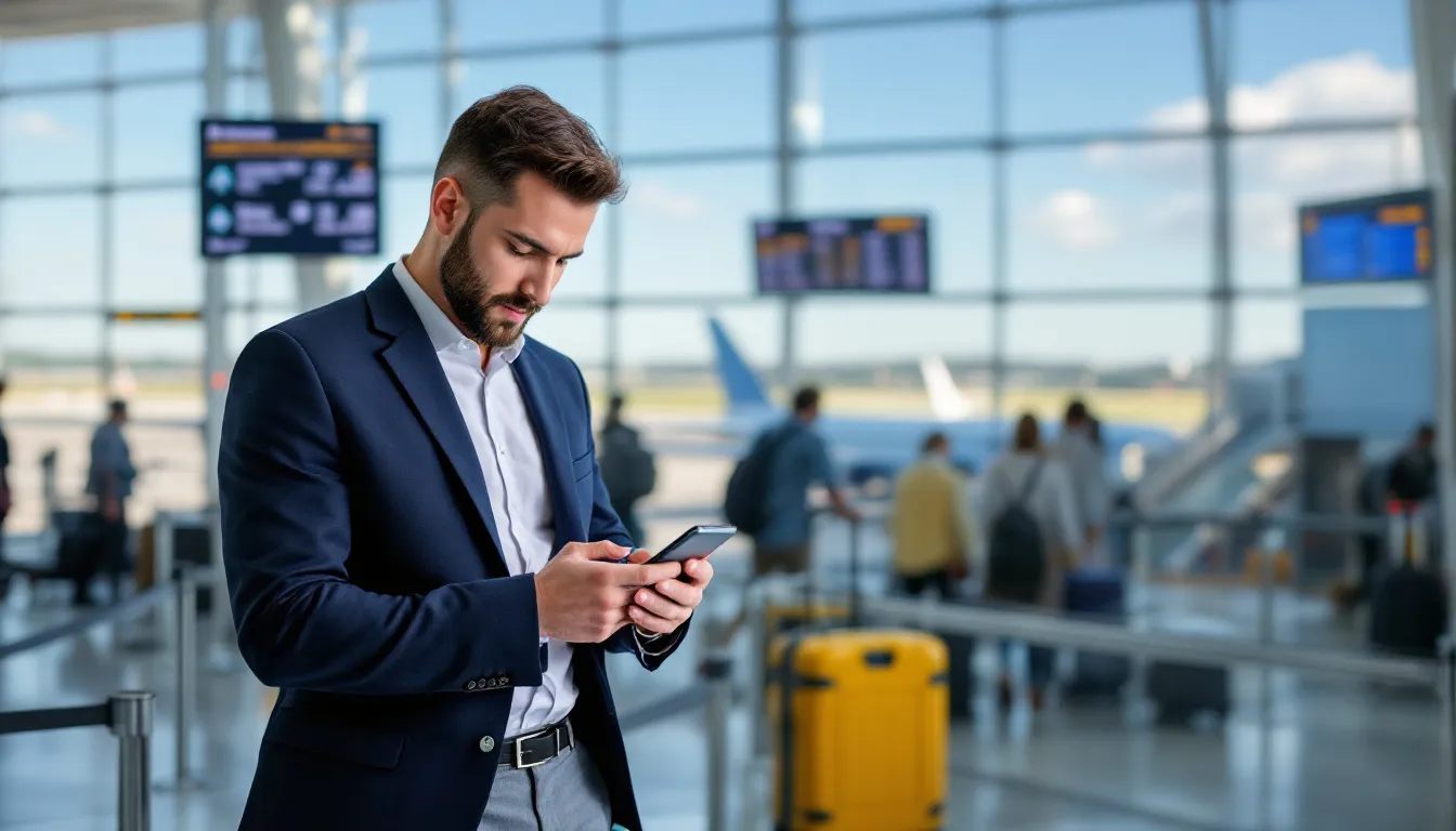 A Verizon customer stands at an international airport, focused on their phone settings to manage cellular data options for their upcoming travel abroad. The individual is likely checking their Verizon Travel Pass to ensure they stay connected with unlimited data while traveling outside the US.