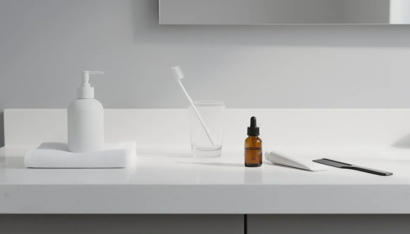 The image depicts a simple bathroom counter featuring a few minimal grooming products, emphasizing natural skincare. The arrangement suggests a focus on healthy skin, potentially highlighting the benefits of tallow-based products known for their nourishing properties and rich nutrient profile.