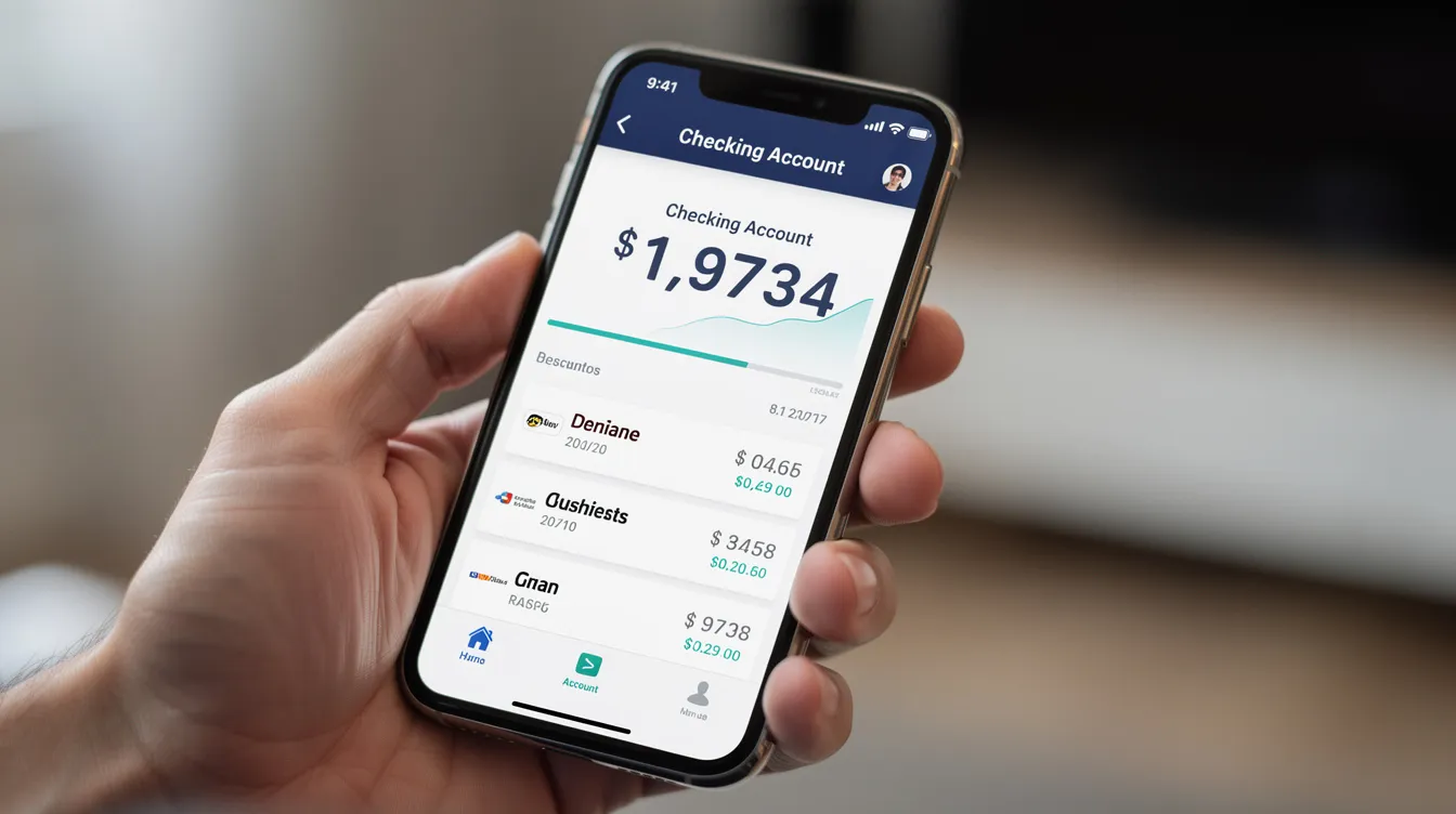 A smartphone is held in a hand, displaying a mobile banking app on the screen, which features the euro sign (€) prominently, indicating financial transactions in the European Union. The app interface showcases various currency options and account details, emphasizing its role in managing economic affairs.