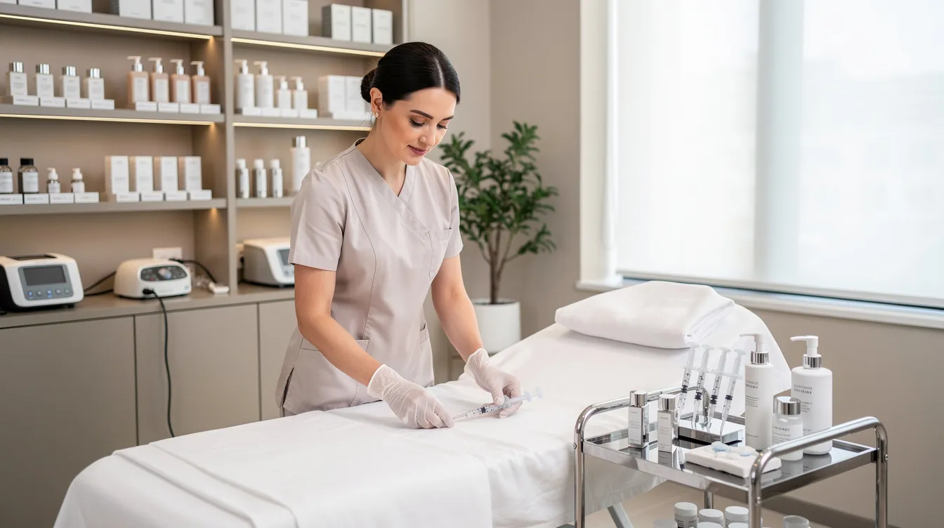 A professional injector is seen preparing a clean and organized aesthetic treatment room, equipped for minimally invasive treatments such as the liquid Brazilian butt lift and advanced dermal fillers. The environment emphasizes patient safety and comfort, ensuring a space conducive to achieving natural-looking results for body contouring procedures.