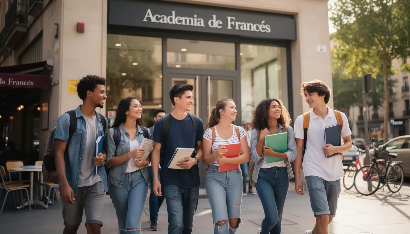 Un grupo de alumnos se dirige a una academia de francés en Madrid, listos para participar en clases de lengua extranjera. La imagen refleja la diversidad de estudiantes que buscan mejorar sus habilidades en francés a través de cursos y actividades culturales.