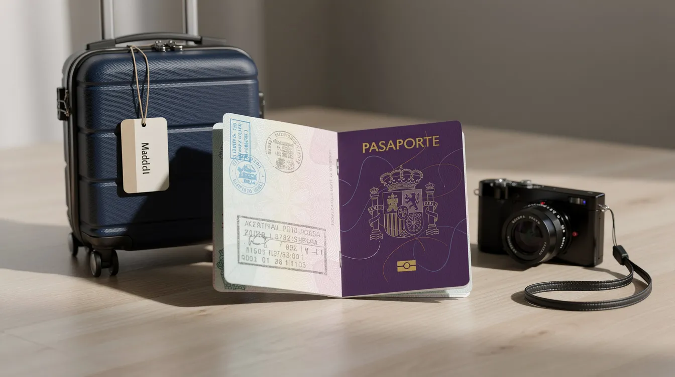 Imagen de un pasaporte abierto que muestra sus páginas internas, acompañado de una maleta pequeña y una cámara de viaje, simbolizando la preparación para un viaje a Turquía. La disposición sugiere la importancia de la documentación necesaria, como el visado, para los turistas que planean visitar este país.