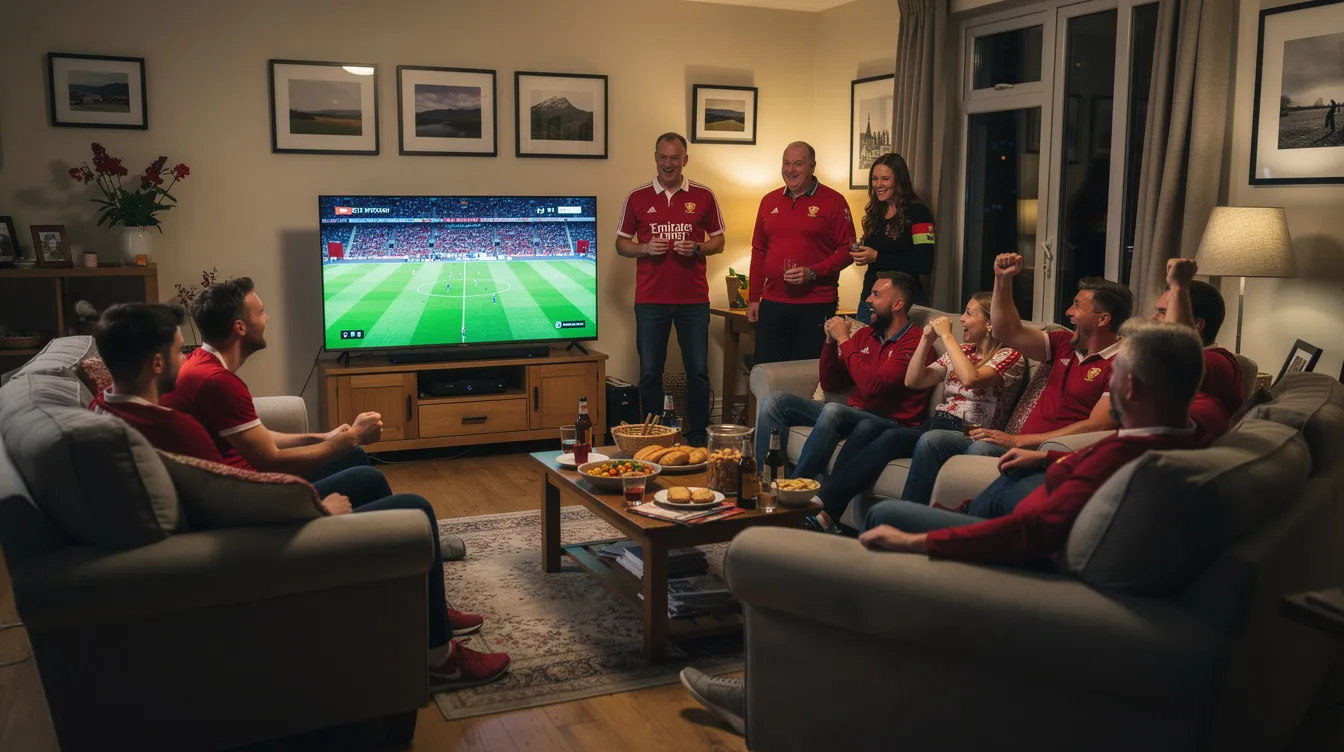 A group of enthusiastic football fans is gathered in a cozy Cardiff living room, intently watching a live match on a smart TV. The atmosphere is filled with excitement as they share natural expressions of joy and anticipation, embodying the spirit of live sports events in Wales.