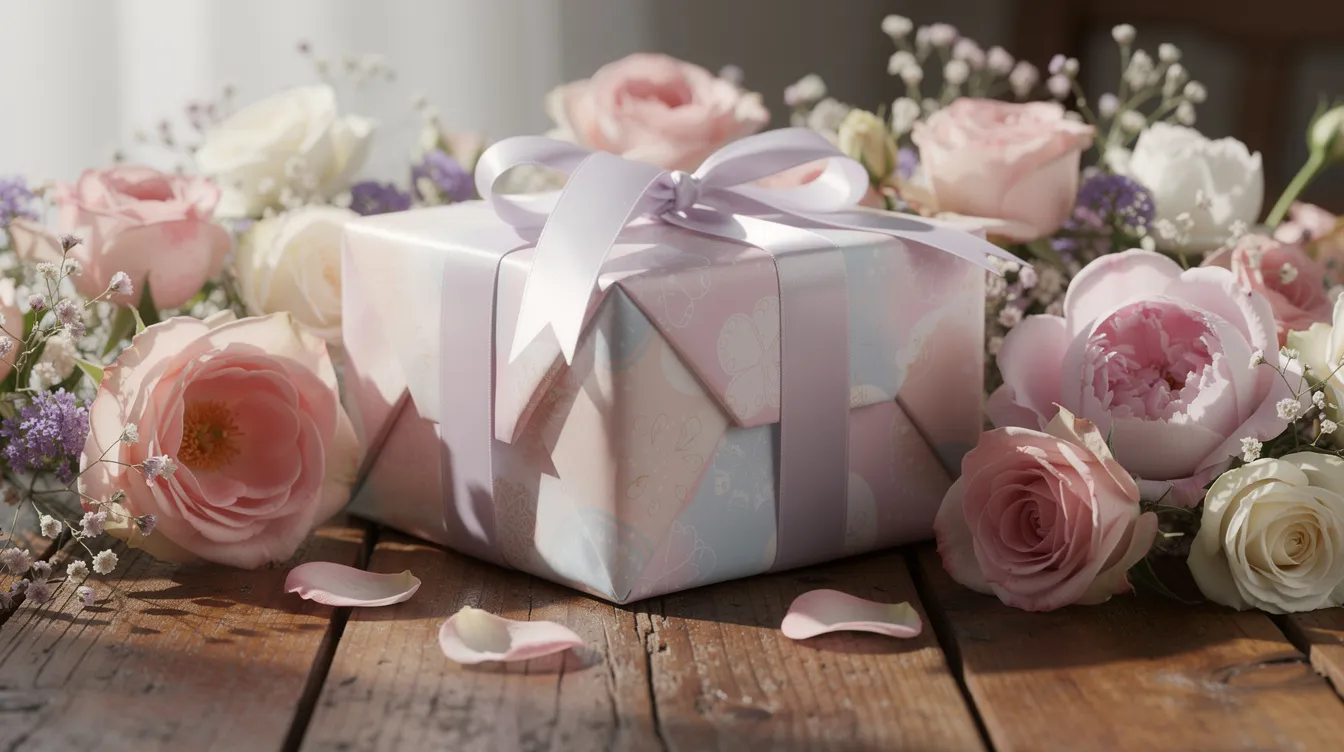 A beautifully wrapped gift box adorned with a ribbon sits on a wooden table, surrounded by vibrant flowers, symbolizing love and appreciation for special moments. This scene captures the essence of personalized gifts for moms, perfect for celebrating Mother's Day and creating lasting memories.