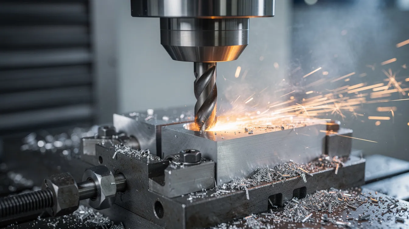 The image shows a close-up view of a CNC milling machine spindle executing a vertical plunge cut into a steel workpiece block, highlighting the cutting forces and precision of the plunge milling process. The spindle's cutter is positioned deep within the material, demonstrating the effective removal of material and the ideal conditions for achieving clean edges.