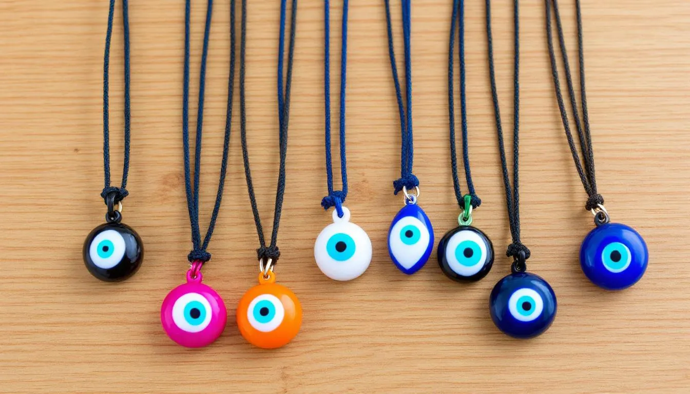 A colorful array of evil eye necklaces is displayed, showcasing various colors that each carry different meanings related to protection against evil spirits and negative energies. This collection highlights the ancient symbol of the evil eye, believed to ward off bad luck and exude positivity, making it a popular choice in jewellery across cultures.