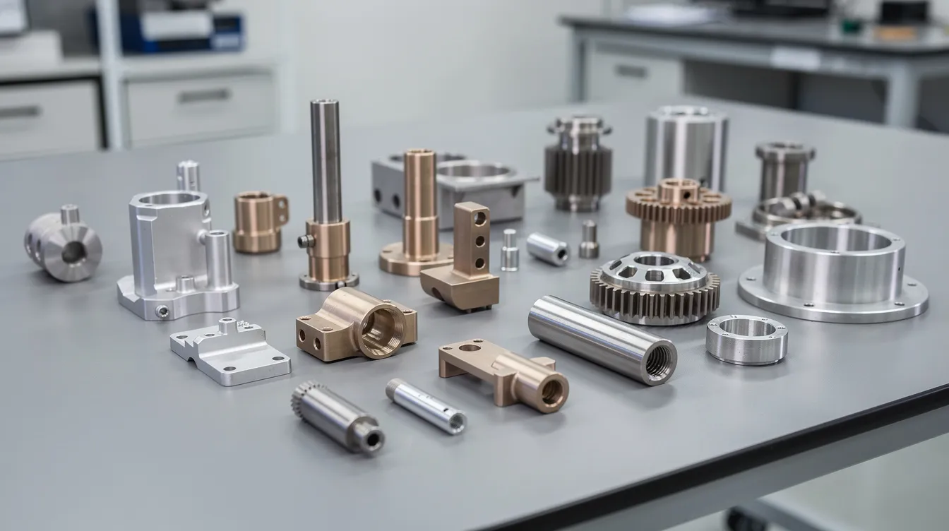 An array of precision-machined metal prototype components made from aluminum and stainless steel is displayed on an inspection table, showcasing the fine details and tight tolerances achieved through advanced CNC machining techniques. This setup highlights the prototyping process essential for product development in the manufacturing industry.