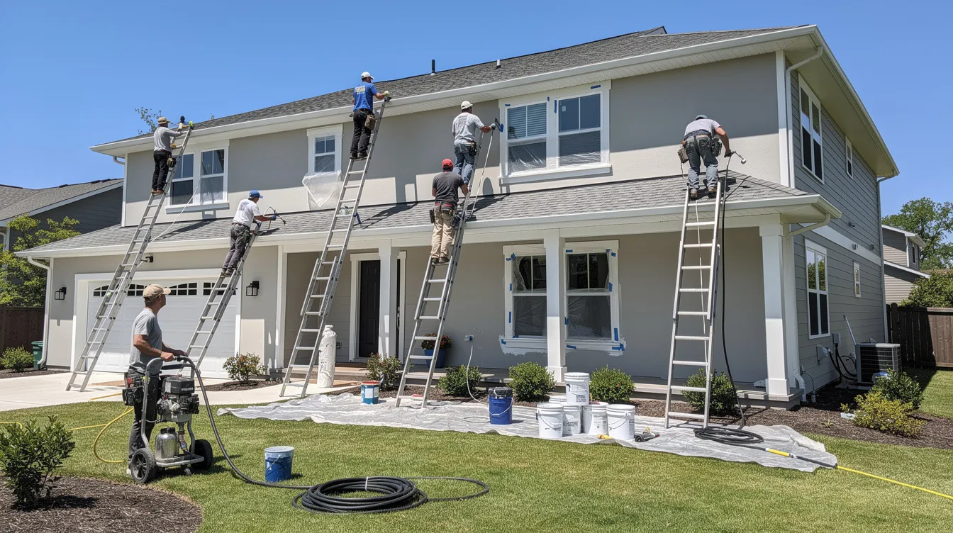 A professional painting crew is seen working on the exterior of a two-story residential home, equipped with ladders and spray equipment on a sunny day. This painting project showcases the expertise of local painters dedicated to delivering exceptional service and quality finishes for homeowners in Akron.