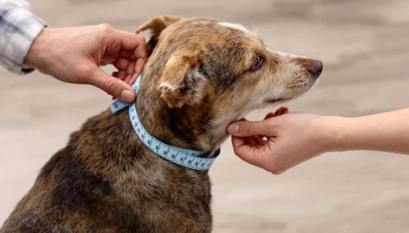 In the image, hands are carefully measuring a dog