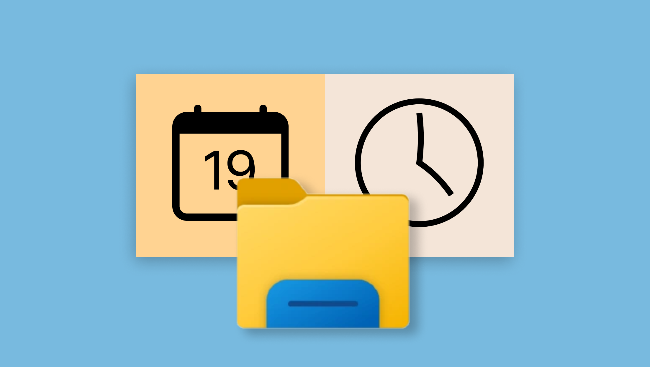 A clock and calendar icon behind the File Explorer icon