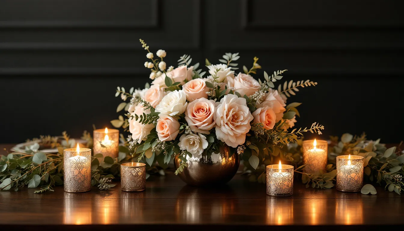 A stunning wedding reception table centerpiece featuring flowers and candles.