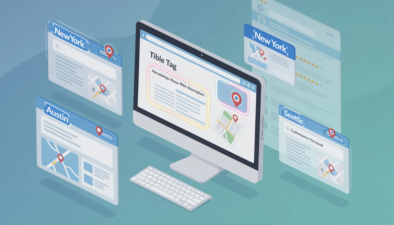 The image depicts a digital workspace focused on local SEO strategies, showcasing elements like title tags, meta descriptions, and header tags being optimized with local keywords for a coffee shop. It emphasizes the importance of creating location-specific web pages and utilizing local citations to enhance visibility in local search results and improve the business's online presence.