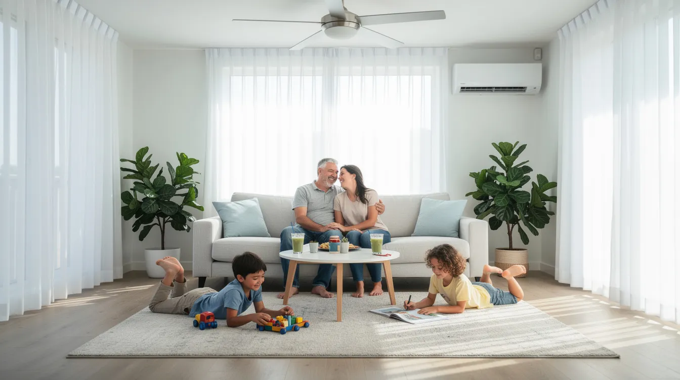 A family of four is comfortably relaxing in their living room during a hot summer day, enjoying the cool air provided by their central air conditioning unit. The scene captures the essence of staying cool and comfortable at home, highlighting the importance of reliable air conditioning systems in extreme heat.