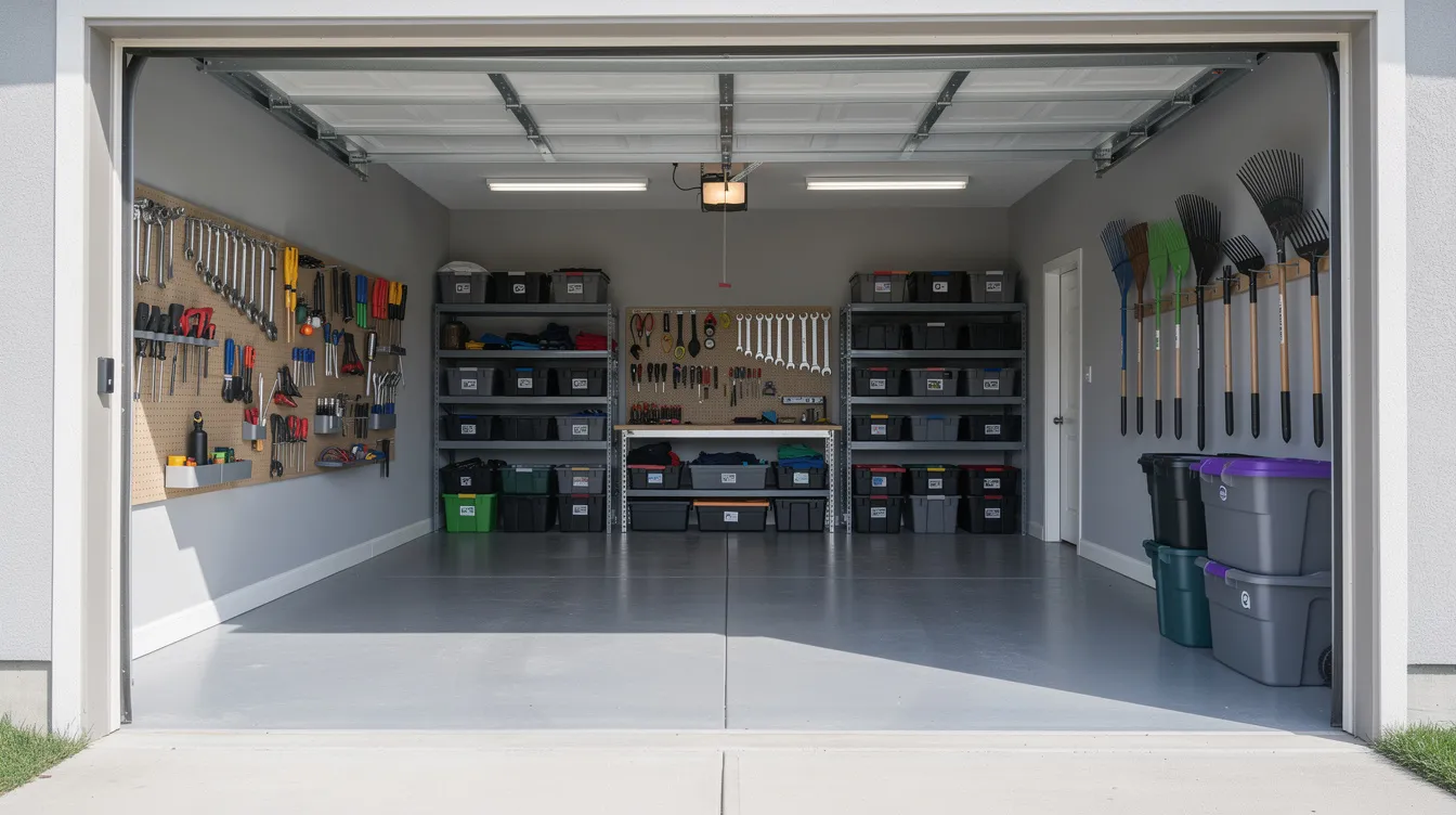 The image shows a clean and organized garage with tools neatly arranged on shelves and a clear floor space, highlighting the effectiveness of junk removal services. This tidy environment reflects a commitment to responsible disposal and efficient removal of unwanted items, making it an ideal space for homeowners and contractors alike.