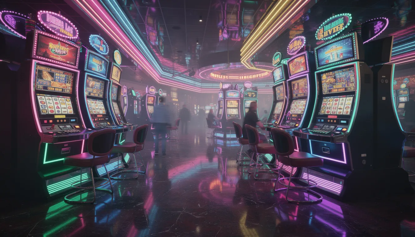 En färgglad casinomiljö med ljusa neonljus och spelautomater skapar en livlig atmosfär, perfekt för spelare som vill njuta av ett bra utbud av spel hos happy casino. Här finns även möjligheter för snabba uttag och bonusar, vilket gör upplevelsen ännu mer spännande.