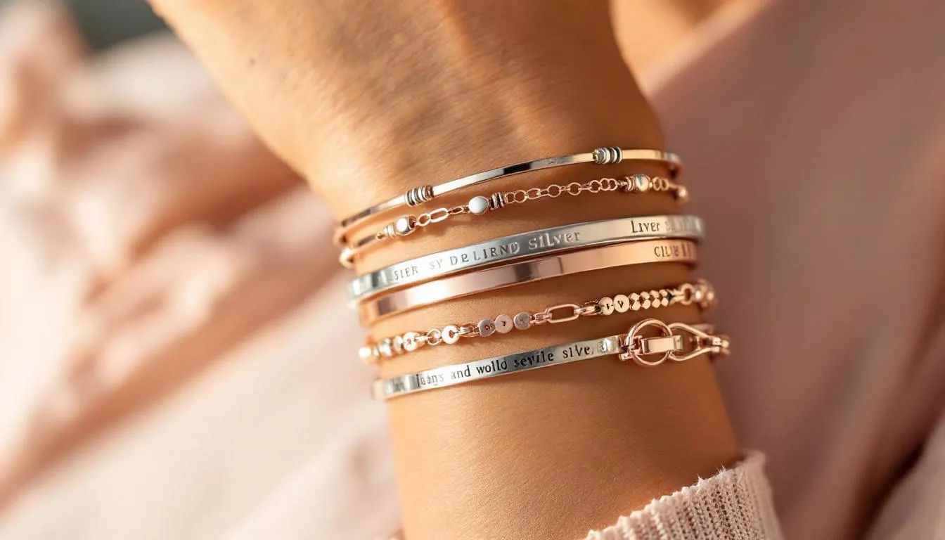 A woman's wrist showcases a beautiful collection of stacked sterling silver bracelets, elegantly mixed with rose gold pieces, creating a stylish and classic look. This arrangement highlights the intricate designs and details of the silver bracelets, making it a perfect accessory to complement any outfit.
