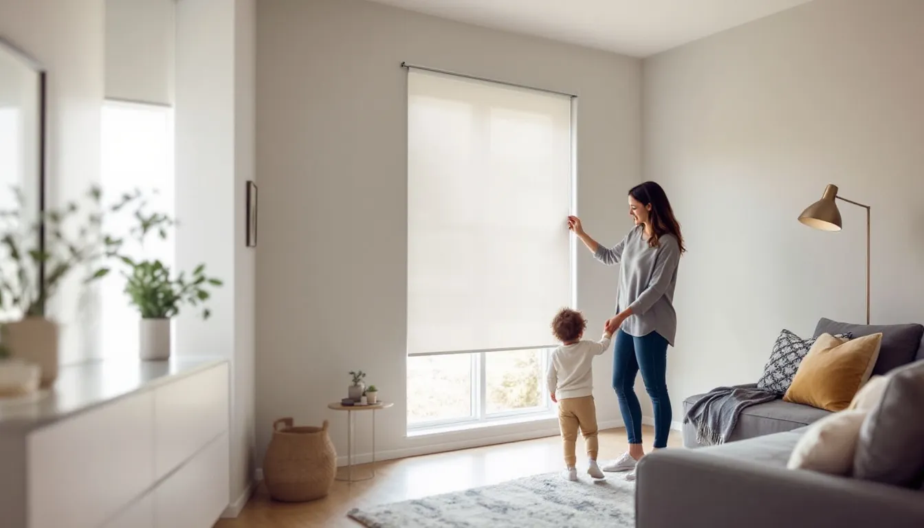 A parent ensuring window covering safety for children in their home.