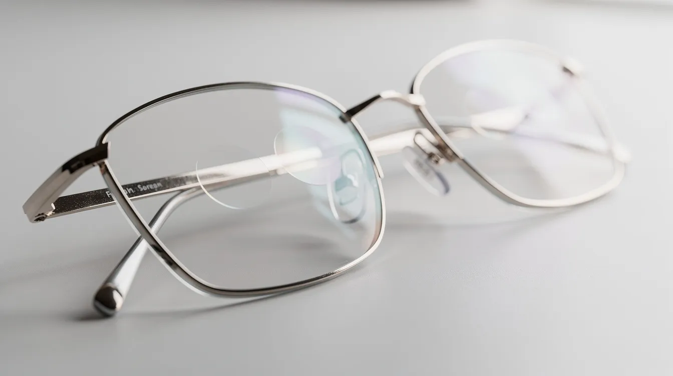 Close-up de lentes de óculos multifocais brilhando sobre uma superfície clara e iluminada, destacando a qualidade e a tecnologia dessas lentes, essenciais para uma boa visão no dia a dia. As lentes estão dispostas de forma que evidenciam seu design moderno e a importância para a saúde ocular.