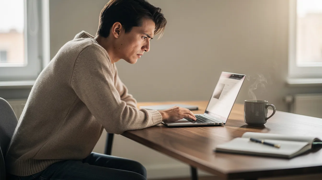 A thoughtful person sits at a desk, gazing at their laptop screen while a cup of coffee rests nearby, possibly contemplating strategies for online gambling or exploring options for deposit bonuses at bitcoin casinos. The scene conveys a moment of reflection in the world of online casino games.