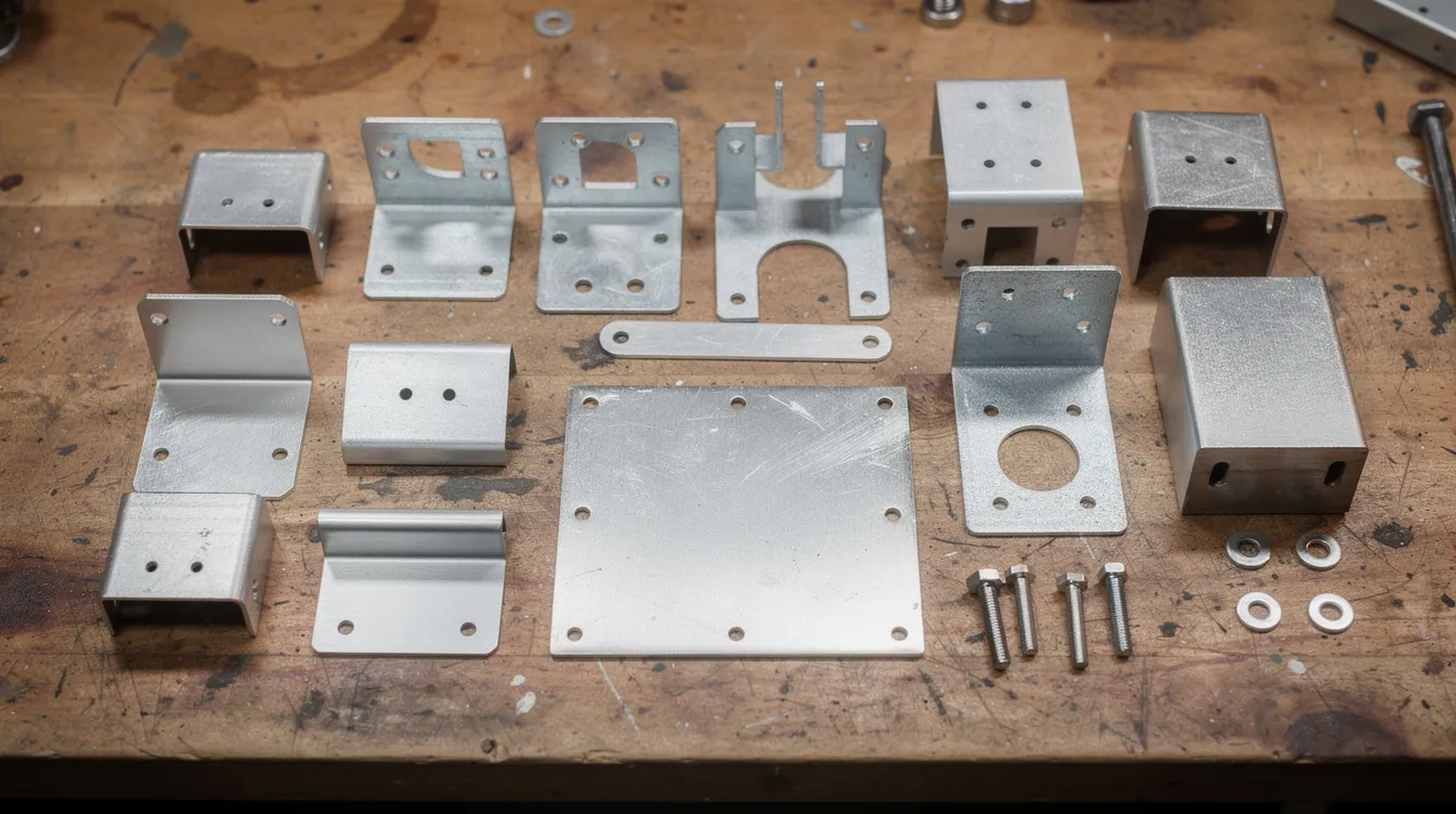 The image features an assortment of sheet metal brackets and enclosures neatly arranged on a workbench, showcasing various sheet metal components that may include tabs and flanges. The arrangement highlights the diverse shapes and functionalities of these sheet metal parts, essential for fabrication and assembly processes.