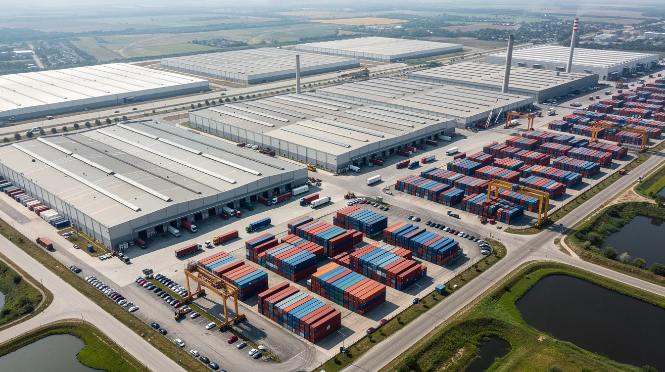 An aerial view showcases a vast industrial manufacturing zone filled with large factory buildings and rows of shipping containers, indicative of the bustling metal fabrication industry. The scene highlights various operations such as sheet metal fabrication, including custom metal parts and precision CNC machining, essential for high volume production across multiple sectors.
