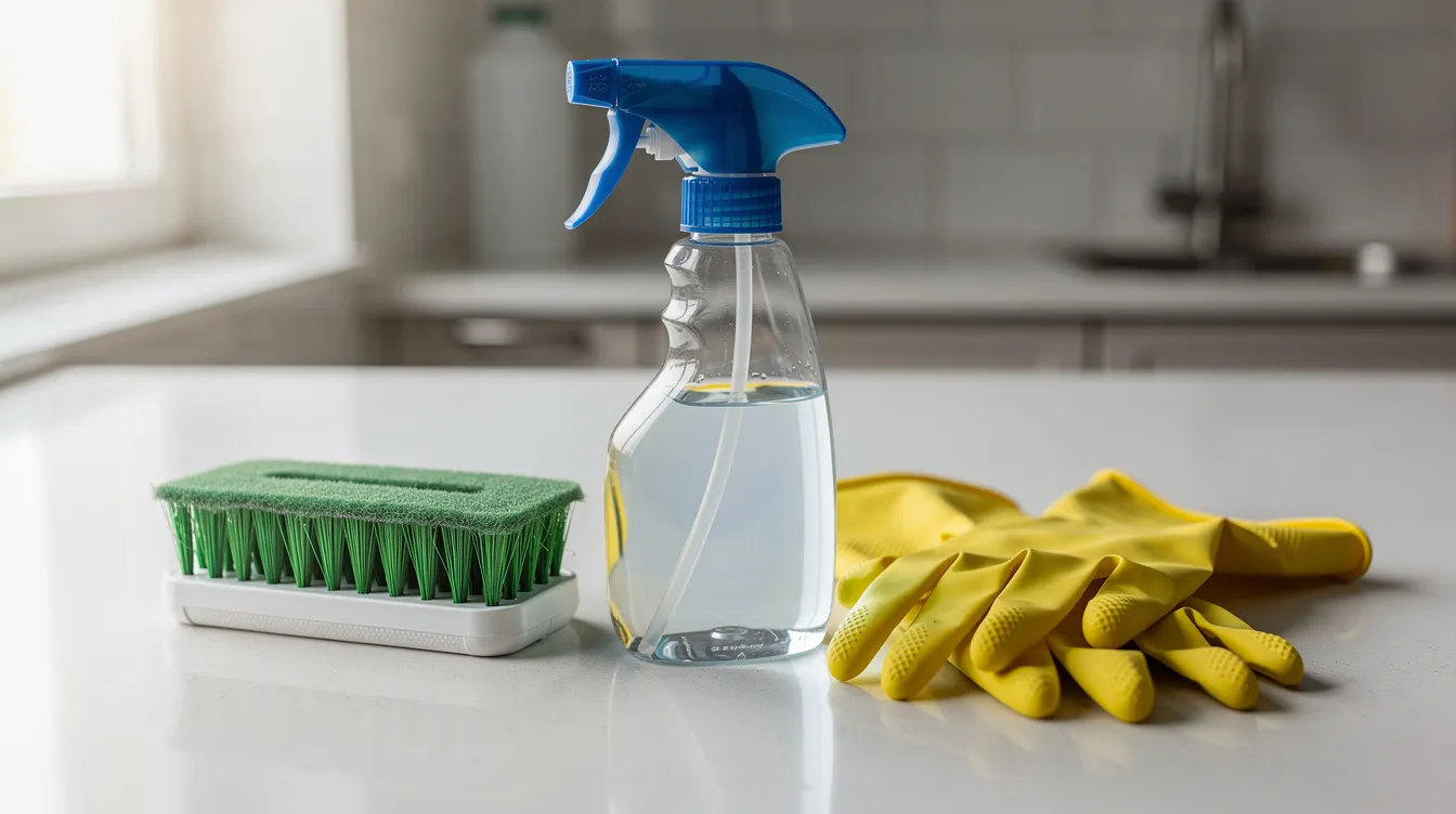 The image shows a collection of cleaning supplies on a counter, including a spray bottle, a scrub brush, and a pair of protective gloves, highlighting the importance of wearing personal protective equipment during mold removal to prevent health effects from mold exposure. These items are essential for tackling mold growth and ensuring a clean, safe environment.